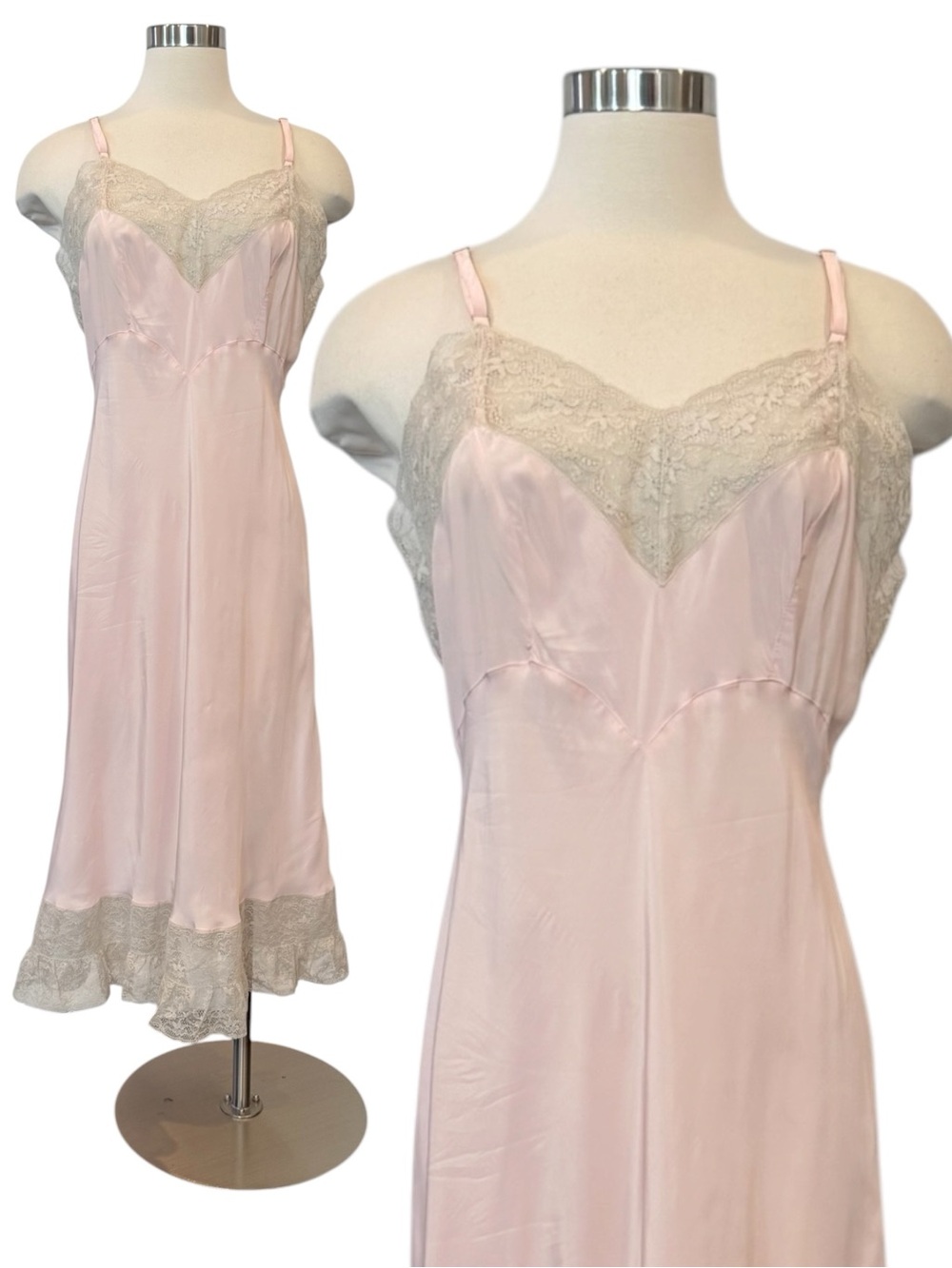 1940s Silky Rayon Pink Ivory Lace Skycharmer Skylon Vintage Full Slip Dress 18 L